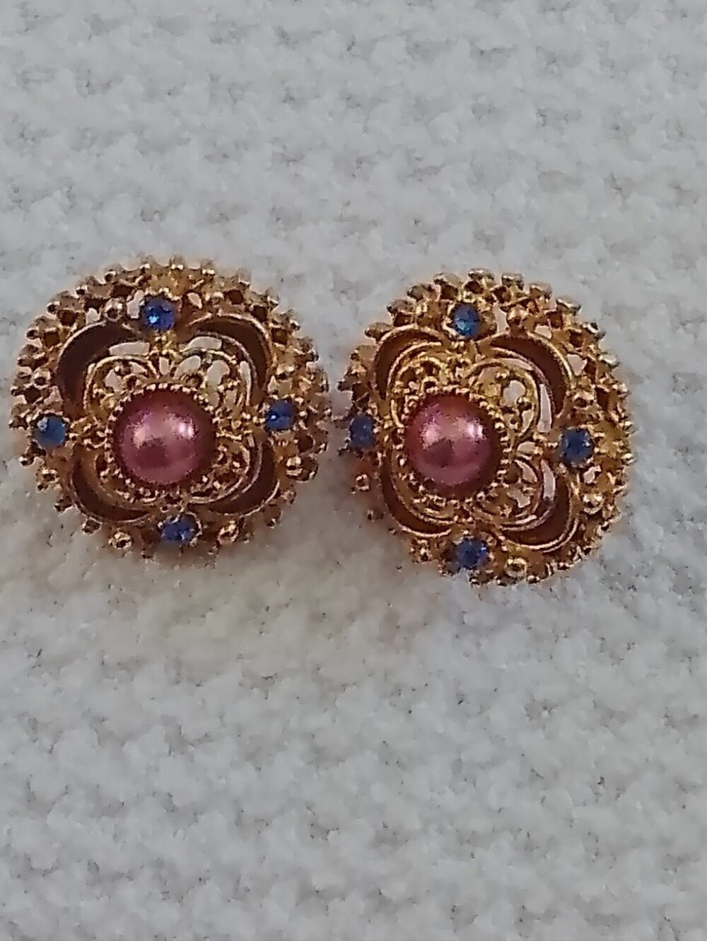 Vintage-Inspired Gold Tone Earrings with Pink Pearls and Blue Accents